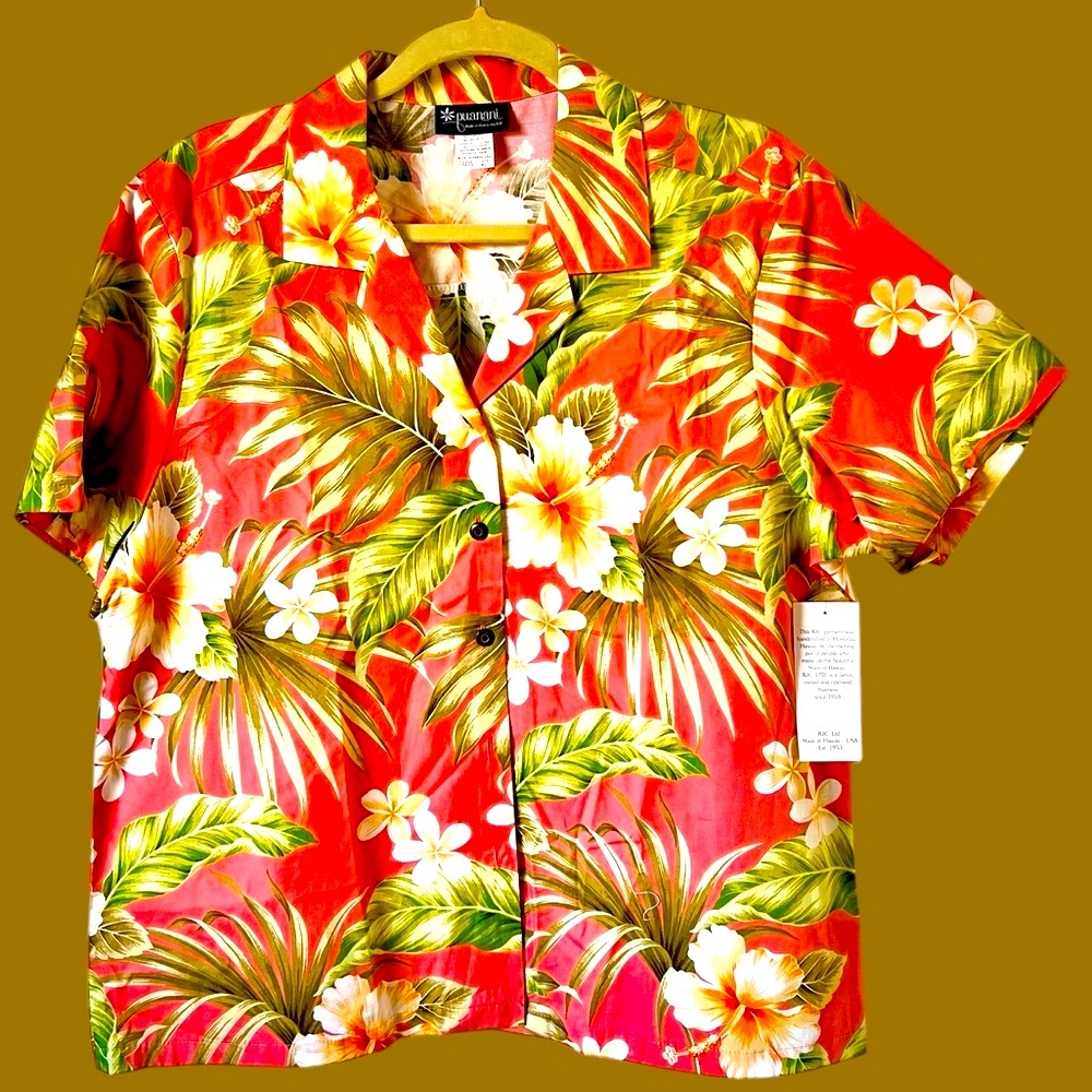 NWT PUANANI Women’s Hawaiian Shirt, Floral Aloha Shirt, Short Sleeve Size XL
